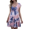 thumbnail image 3 of Uhndy Women's Tie Dye Print V Neck Short Sleeve Ruffle Hem Pleated Mini Dress, Ruffle Pleated Skirt, Women Short Sleeve Mini Dress, Tie Dye Dress S-1-2XL, 3 of 6