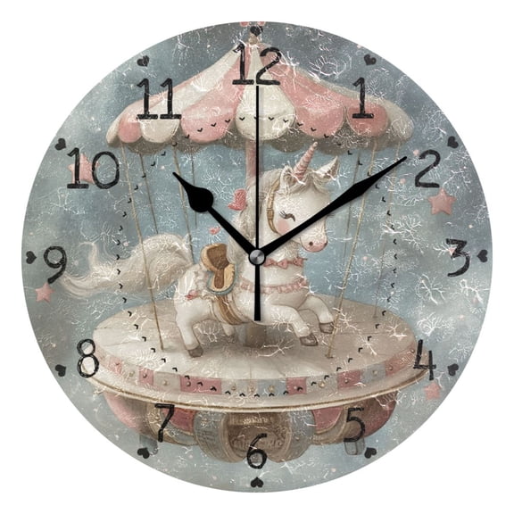Cute Carousel Round Wall Clock Silent Analog Battery Operated Black Pointer Home Decor 9.84" Diameter