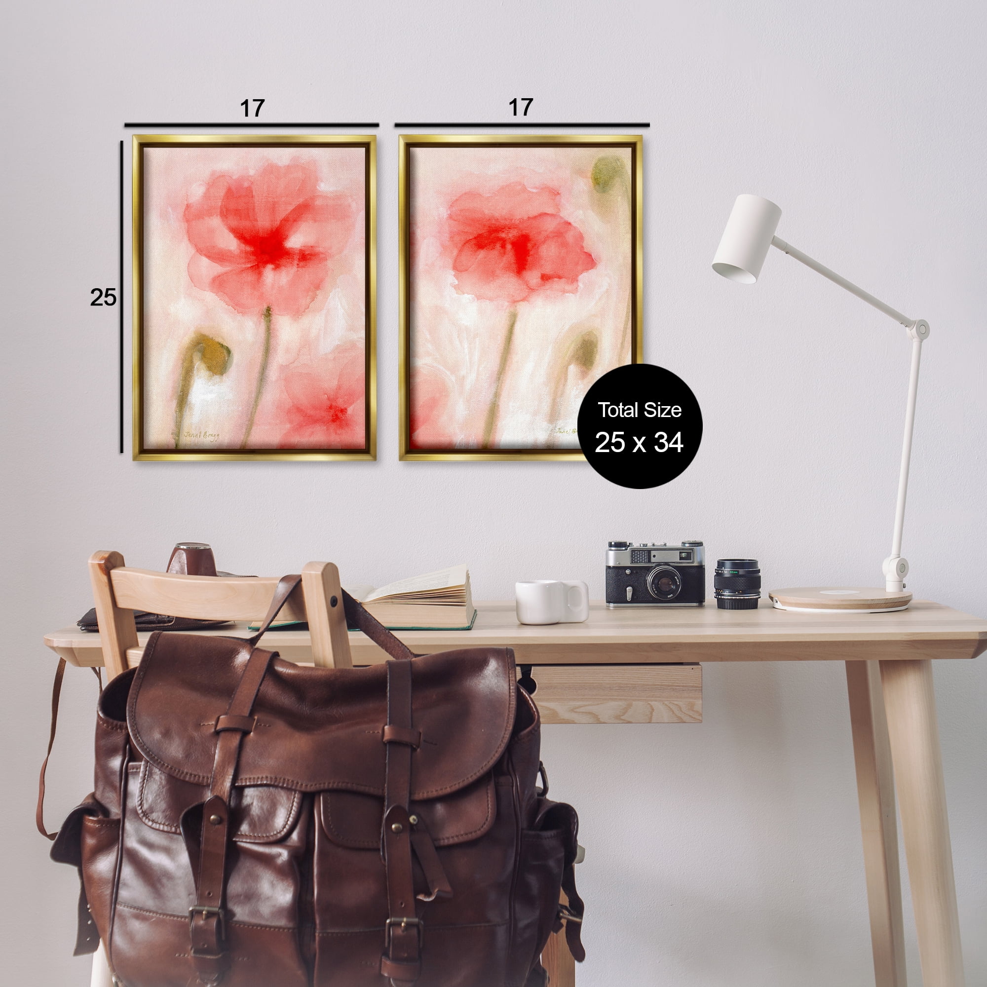 Stupell Industries Beautiful Coral Poppy Blossom Plants & Flowers Painting Gold Floater Framed Canvas Art Print Wall Art, 17 x 25, Set of 2
