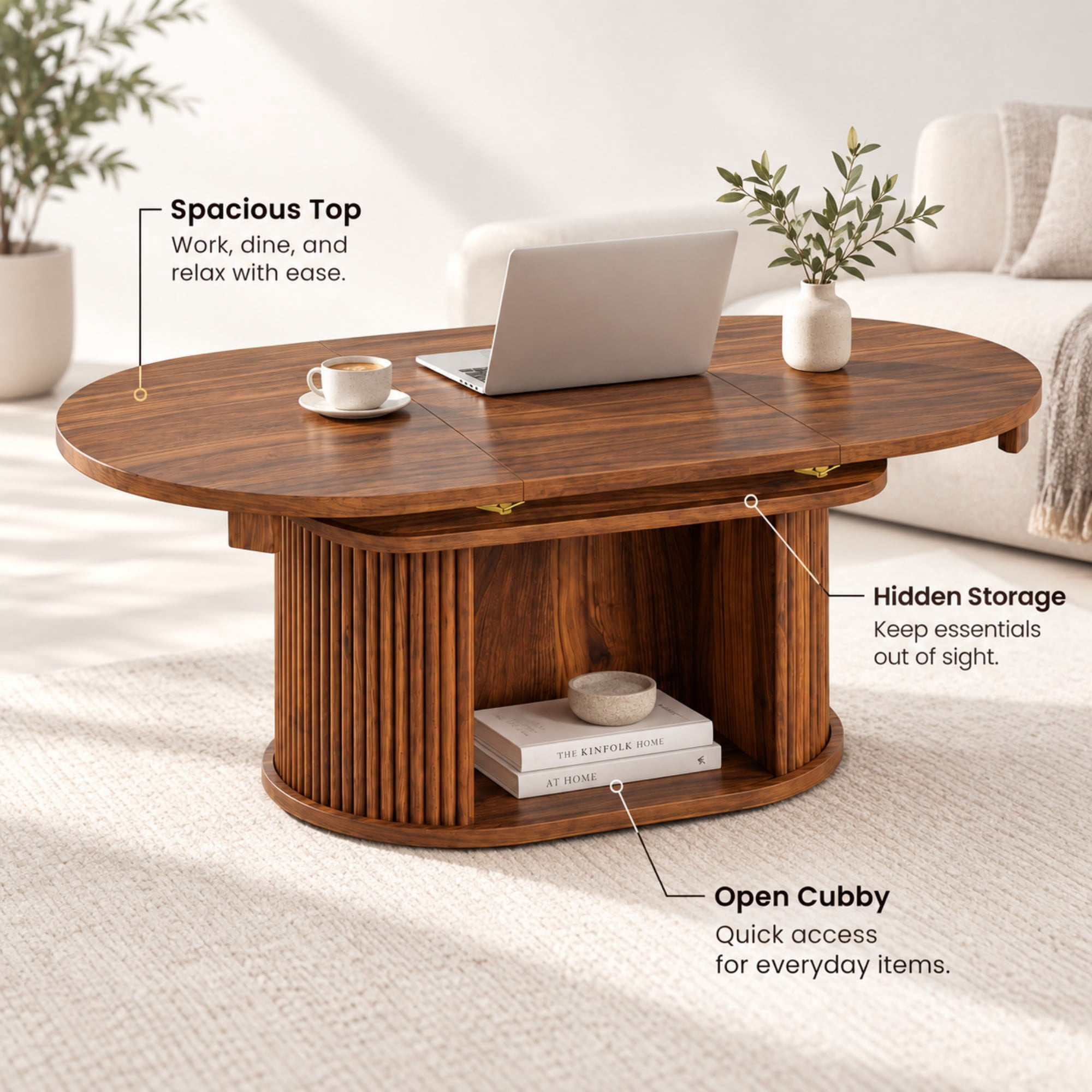 Lacoo Extendable Oval Coffee Table with Storage, Fluted Base with Cubby for Living Room, Den, Brown