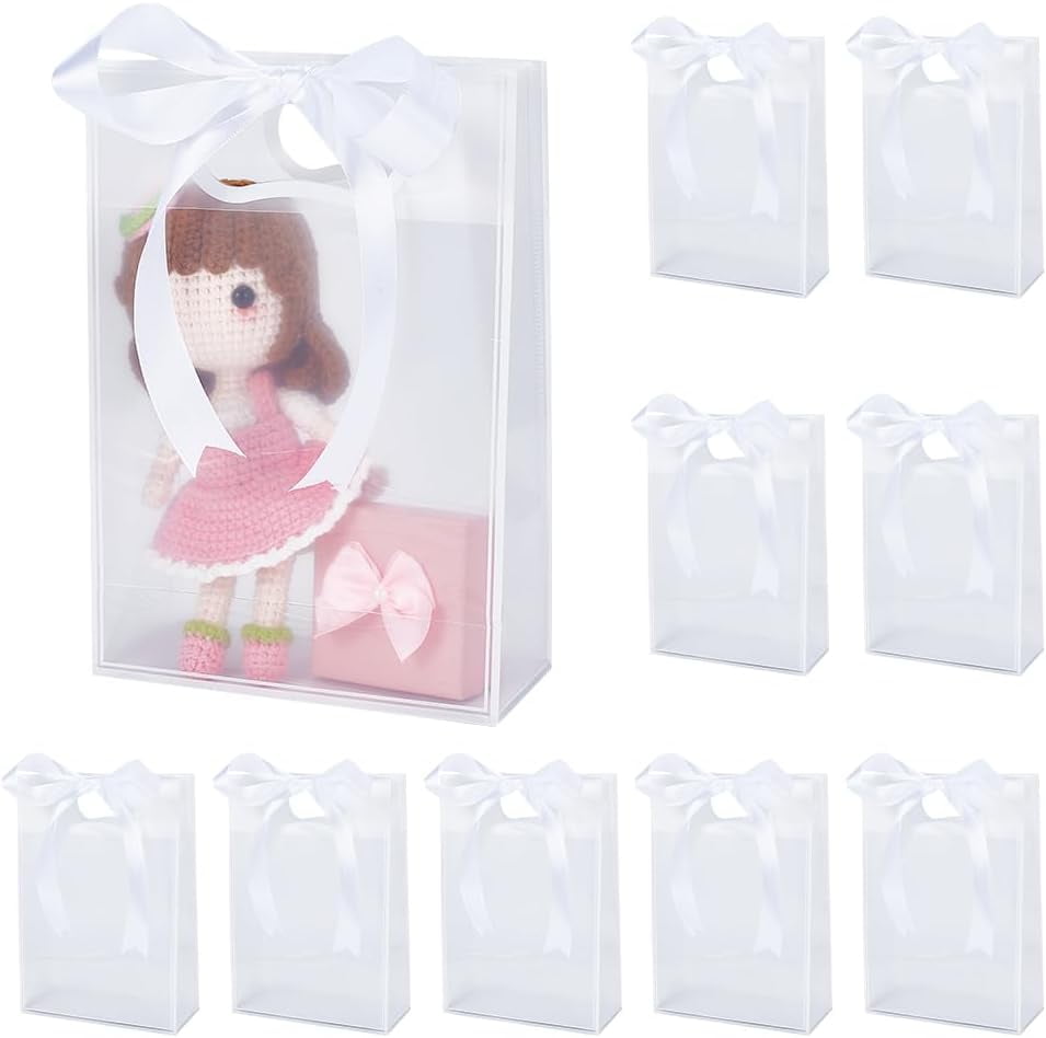 36 Pack Clear Plastic Gift Bags with Handles Reusable Transparent Bags Bulk with 75 Yards Ribbon for Wedding Bridesmaid Bridal Shower Birthday Graduation Business Party 7x10x3 inch (Black)