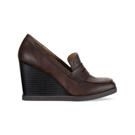 

SUN STONE Womens Brown Penny Keeper At Vamp Square Toe Wedge Slip On Dress Heeled Loafers 6