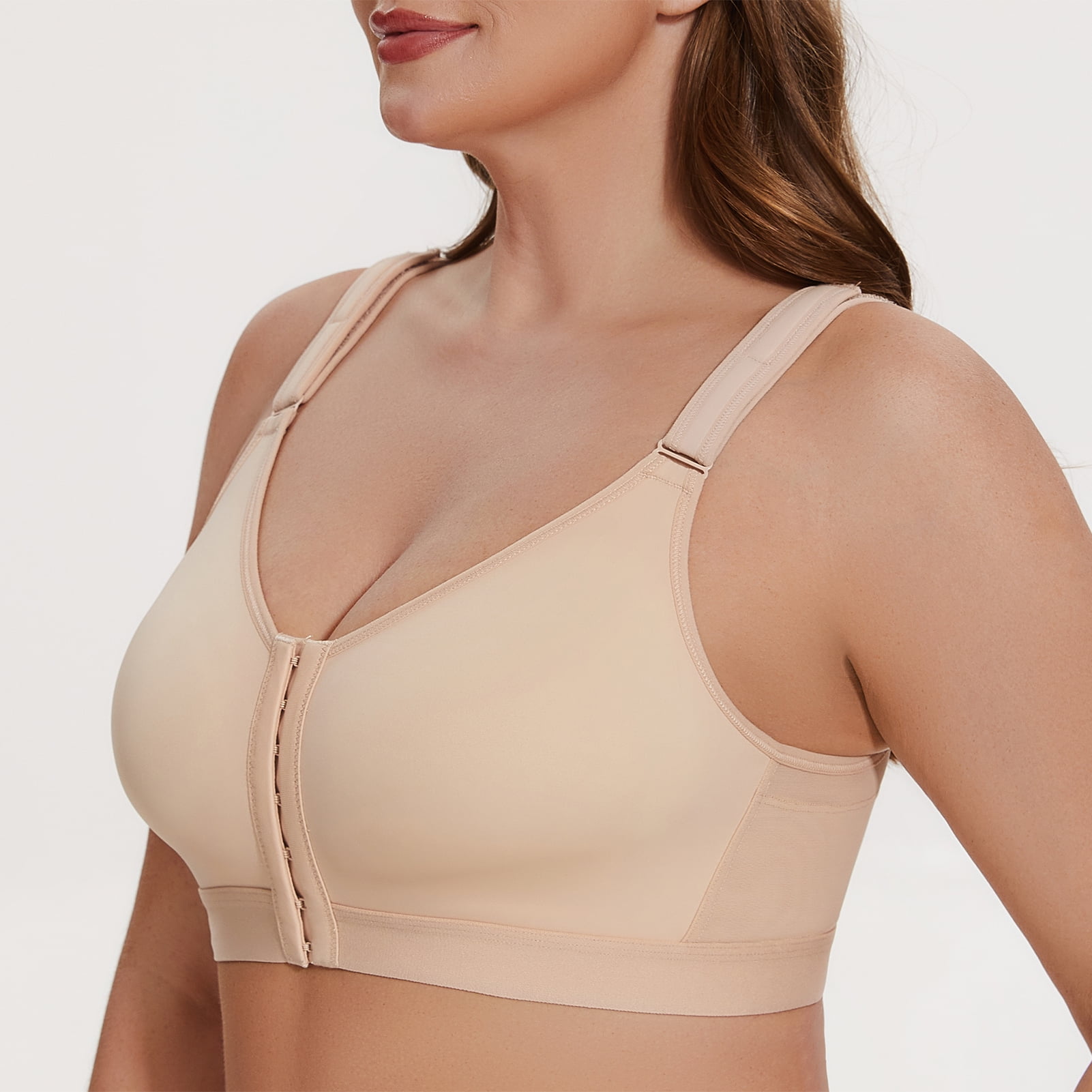 MELENECA Women's Front Closure Wirefree Post Surgery Plus Size Back Support Posture Bra Beige 34D