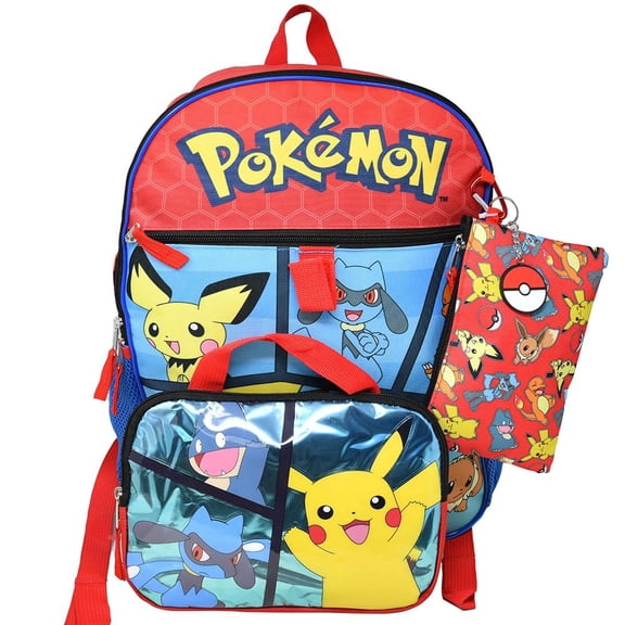 Pokemon Red 5pc 16" Backpack Set Keychain, Utility Case, Zipper pouch