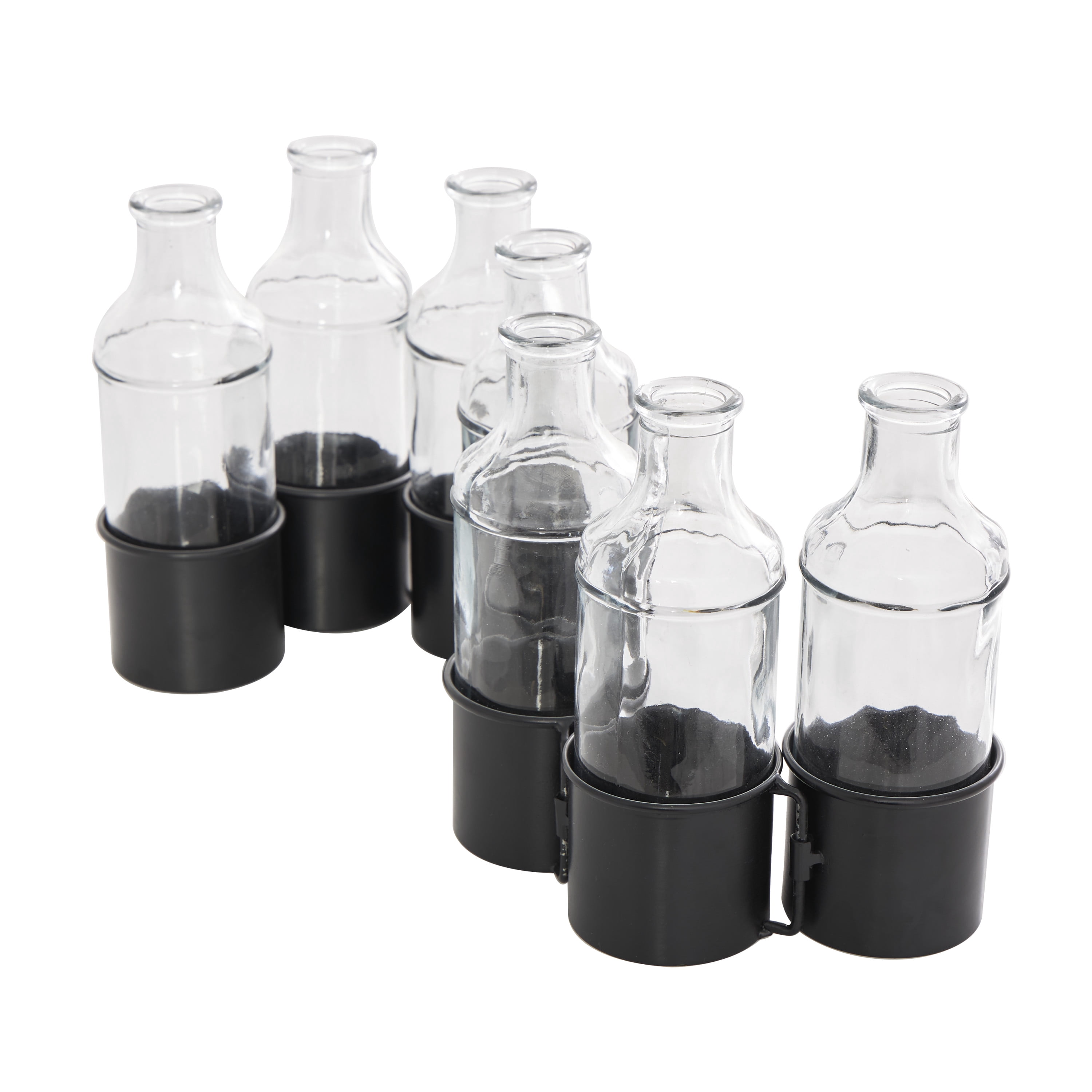 DecMode 8" Adjustable Bottle Black Metal Vase with Clear Glass Bottles