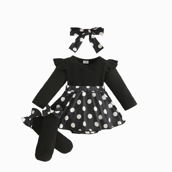 enyan Newborn Girl Clothes 3 Piece Ruffled Long Sleeve Crew Neck Plaid Pleated Bodysuit Dress with Bowknot Headband and Stocking Black,6-9 Months