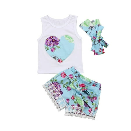 

Toddler Baby Girl Clothes Tops Flower Vest+Lace Shorts Pants Headband Outfits