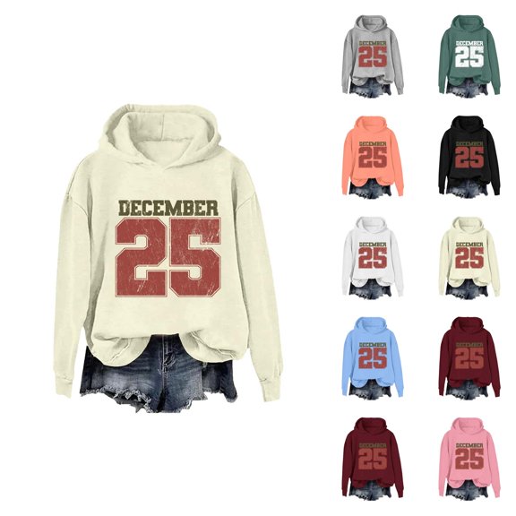 Christmas Hoodies for Women Long Sleeve Lightweight Casual December 25 Letter Graphic Hooded Sweatshirt Pullover Tops