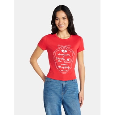 Social Edition Women's American Cherry Pie Graphic Tee with Short Sleeves, Sizes XXS-XXL