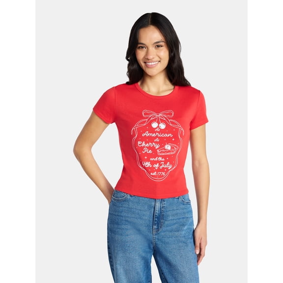 Social Edition Women's American Cherry Pie Graphic Tee with Short Sleeves, Sizes XXS-XXL