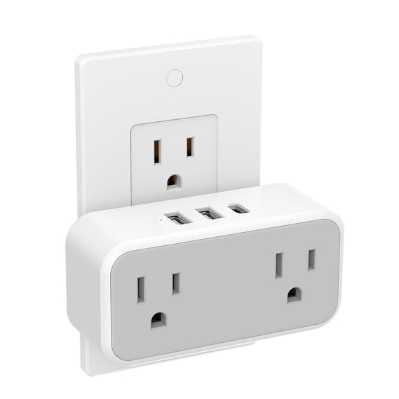 Dual Socket Extender, 2 AC Outlets 3 USB Wall Charger (1 USB C), Gray