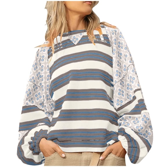 bnaln Women Tops Oversized Sweatshirts Fall Long Sleeve Boho Shirts Casual Crewneck Striped T-Shirt Loose Fit Pullover Tops Lightweight Comfy Jumpers Streetwear Fashion Outfits
