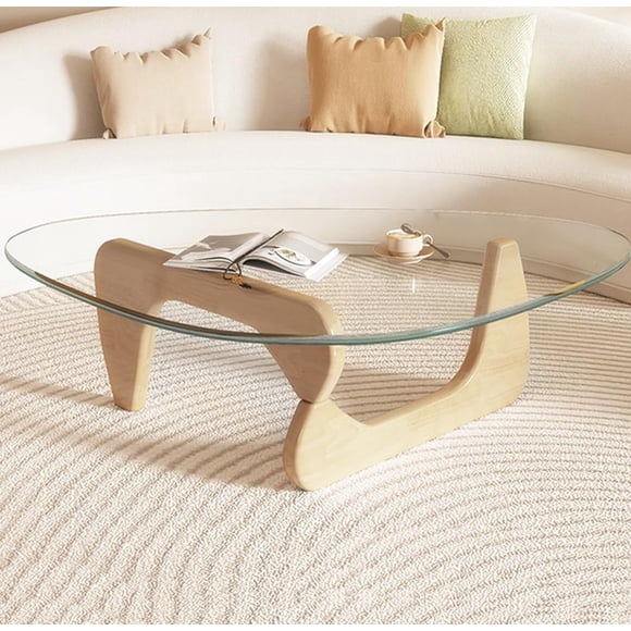 Modern coffee table, triangular tempered glass top, living room wooden inset table