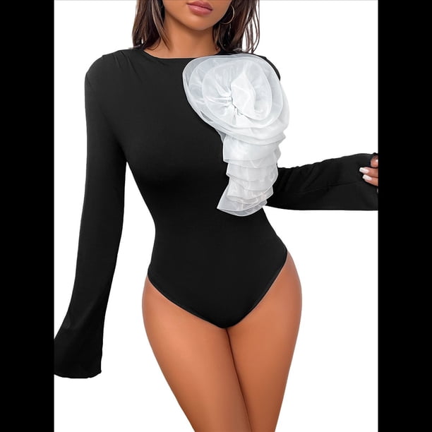 Camiseta Básica Elástica con Cuello Redondo y Mangas Largas con Volantes para Mujer Negro L