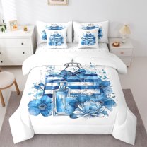 Feelyou Women Fashion Perfume Comforter Set 7pcs, Blue Groovy Flower King Bedding Sets