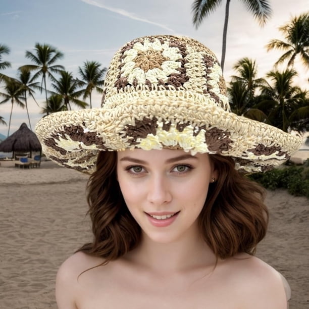 Multicolor Floral Crochet Straw Sun Hat Foldable Packable Wide Brim Bucket Hat Kukuzhu Multicolor Floral Crochet Straw Sun Hat, Foldable  main image 3