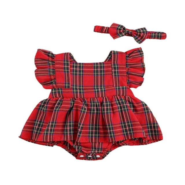 Christmas Newborn Baby Girl Plaid Romper Outfit Backless Ruffle Tutu Jumpsuit Top+Headband 2Pcs Set