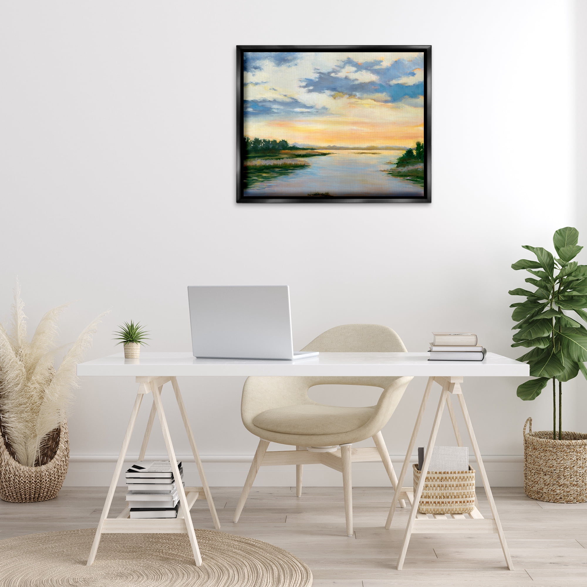 Stupell Industries Sunrise Over Shallow Water Landscape & Nature Painting Black Floater Framed Canvas Art Print Wall Art, 31 x 25