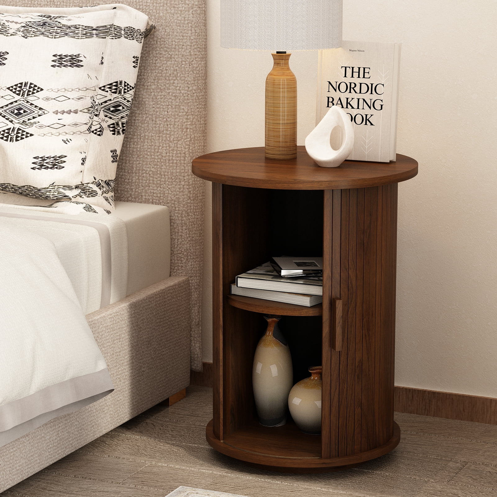 18'' Fluted Round End Tables with Sliding Door, Modern Side Table Nightstands for Living Room Bedroom, Walnut