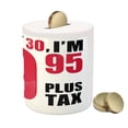 thumbnail image 3 of 30th Birthday Piggy Bank, Forever Young Themed Funny and Humorous Slogan in Pictogram Style, Ceramic Coin Bank Money Box for Cash Saving, 3.6" X 3.2", Red Black and White, by Ambesonne, 3 of 4