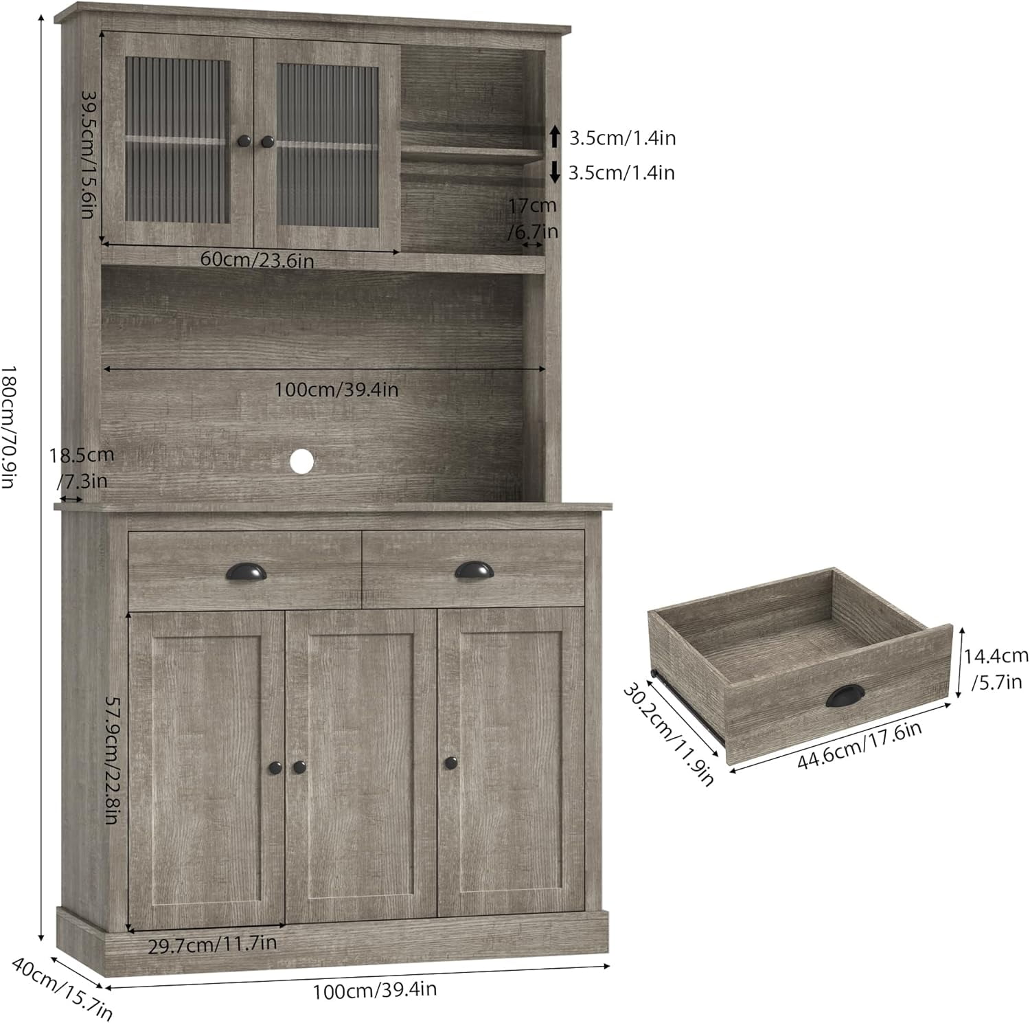 Kitchen Pantry Storage Cabinet, 71" Tall Wood Pantry with Microwave Stand, Modern Kitchen Hutch Cabinet, Coffee Bar Hutch with Wine Rack for Dining Room, Living Room, Grey