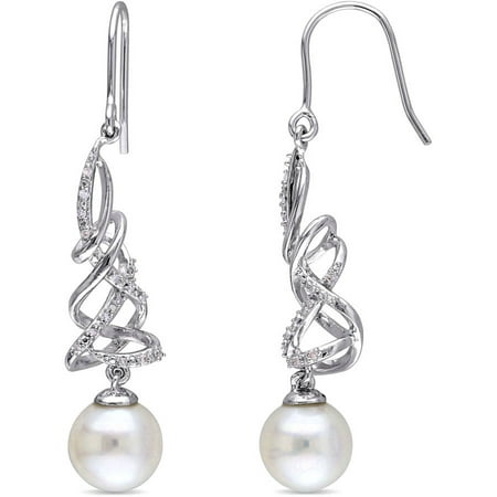 Miabella 8-9mm White Round Cultured Freshwater Pearl and 1/10 Carat T.W. Diamond Sterling Silver Shepherd Hook Earrings