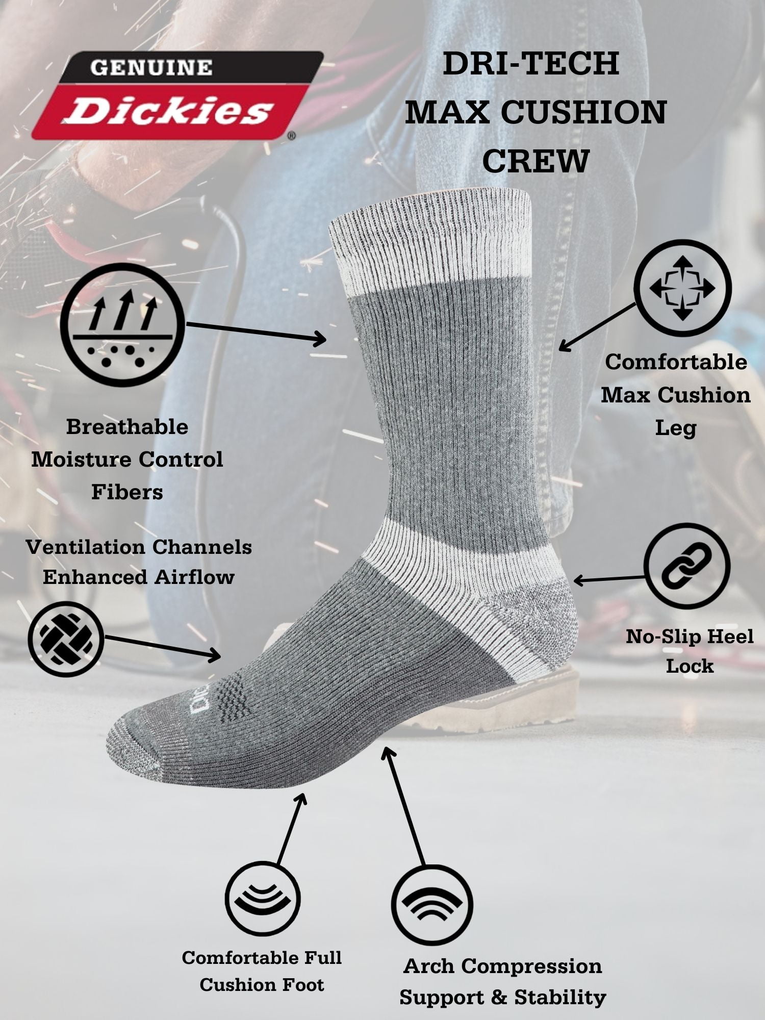 Genuine Dickies Men's Max Cushion Crew Sock, 6 Pack Charcoal Size 6-12