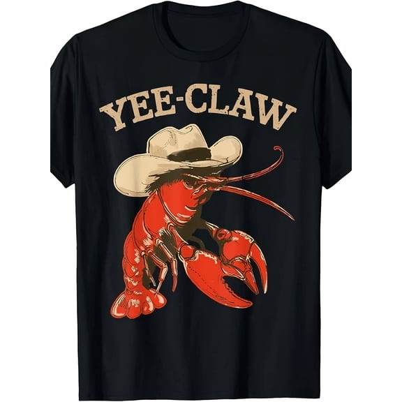 Funny Retro Crawfish Wearing Cowboy Hat 'YEE-CLAW' Graphic Tee, Unique Southern Seafood Boil Pun T-Shirt for Men Women