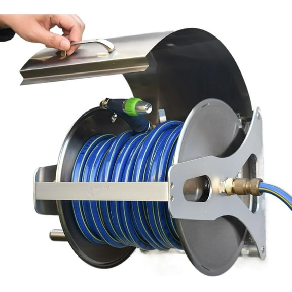 Stainless Steel Garden Hose Reel, High Pressure Washer Hose Reel, Wall/Floor Mounted Metal Water Hose Reel with Handle and Mounting Bracket, for Yard Garden Farm and Patio