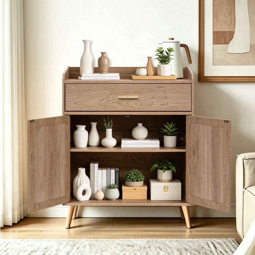 Farmhouse Buffet Cabinet, Kitchen Storage Cabinet with 1 Drawer & 2 Doors, Sideboard Cabinet with Solid Wood Feet for Dining Room, Living Room & Entryway, Natural
