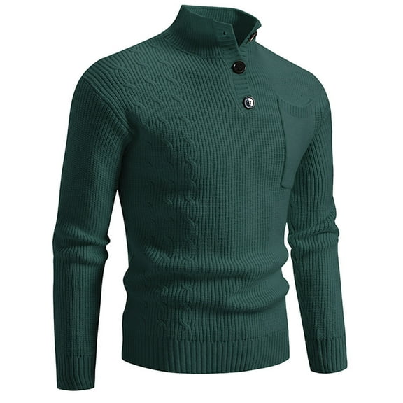 TFEOQRY Men's Cable Knit Sweater Button Mock Neck Chest Pocket Long Sleeve Casual Pullover Fall Winter Warm Top Green