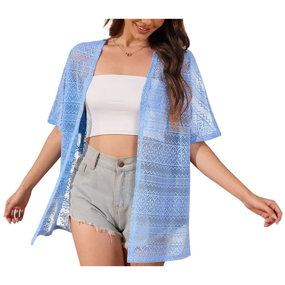 Uvplove Women Swimsuit Cover Up Crochet Summer Bathing Suit Swimwear Beach Vacation Outfits,Light Blue,L