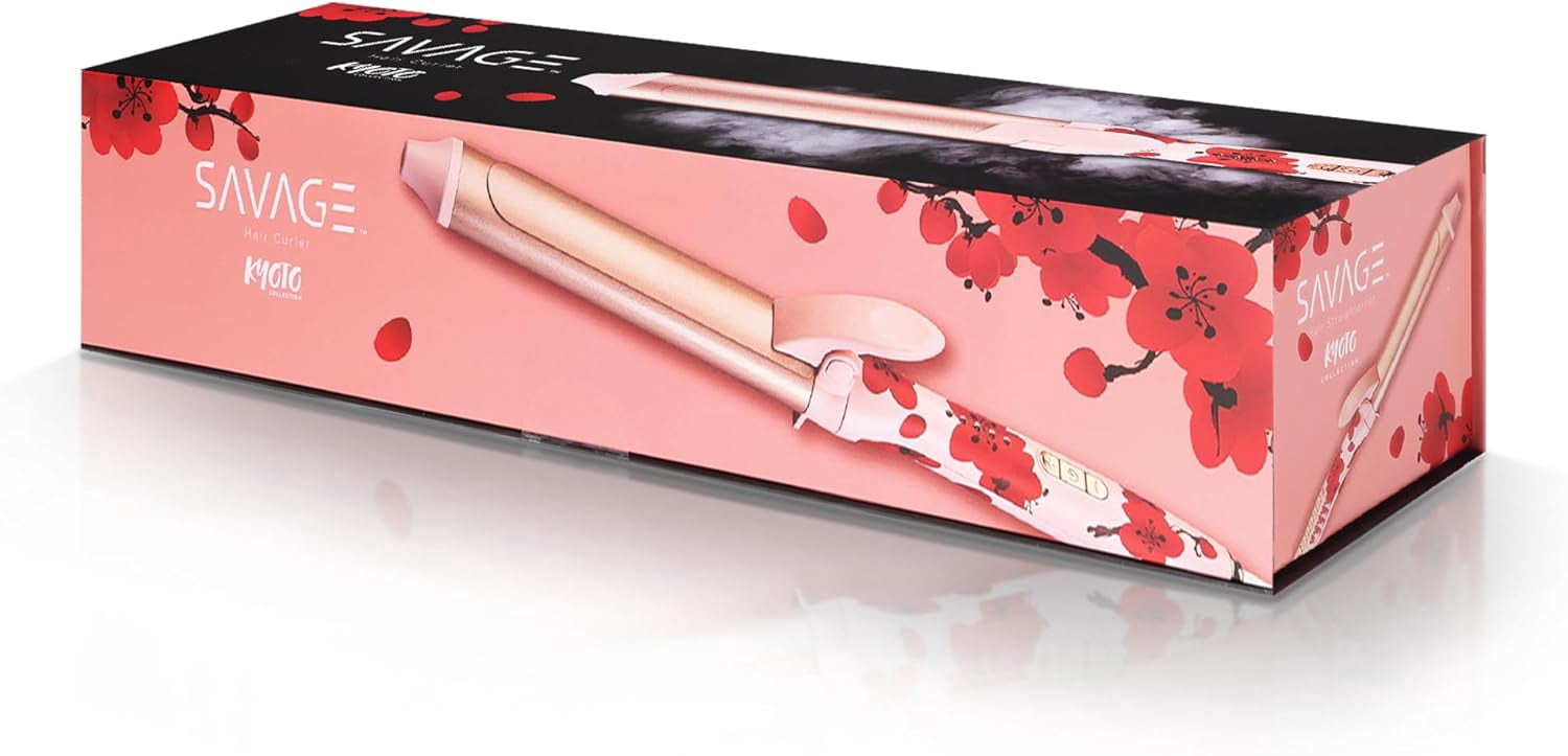 Savage Hair Curler, Professional Curling Wand for Women, Kyoto Design, 1” inch Ceramic Plated Barrel, PTC Heating Element, 5 Temperature Settings 266° - 410°, Auto Off, 360° Swivel 9’ Foot ALCI Cord