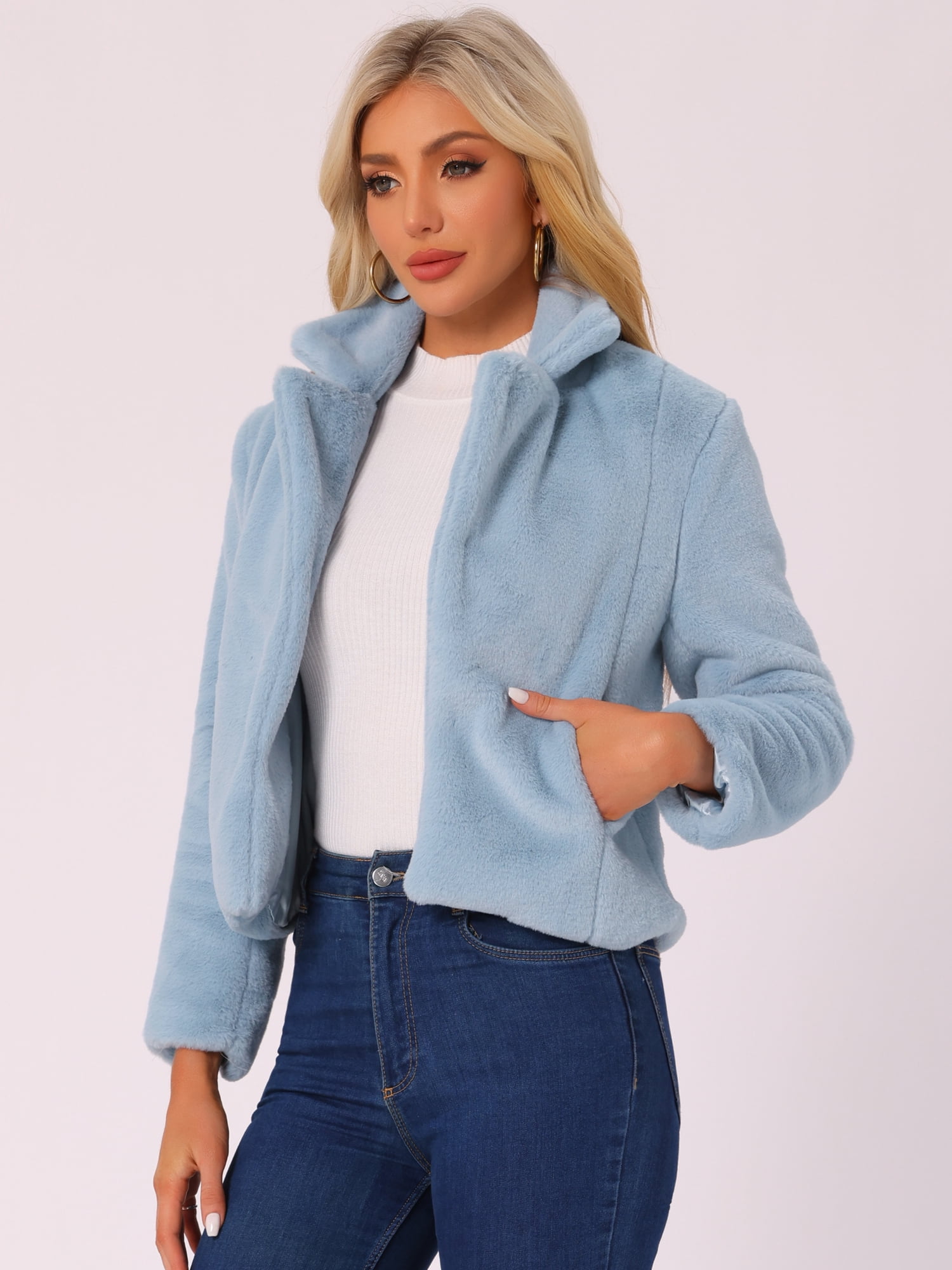 DARING DIVA Women's Cropped Notch Lapel Faux Fur Fluffy Coat XL Light Blue