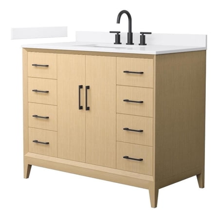 Janna 42" White Oak Single Vanity & White Quartz Top (3-Hole) & Black Trim