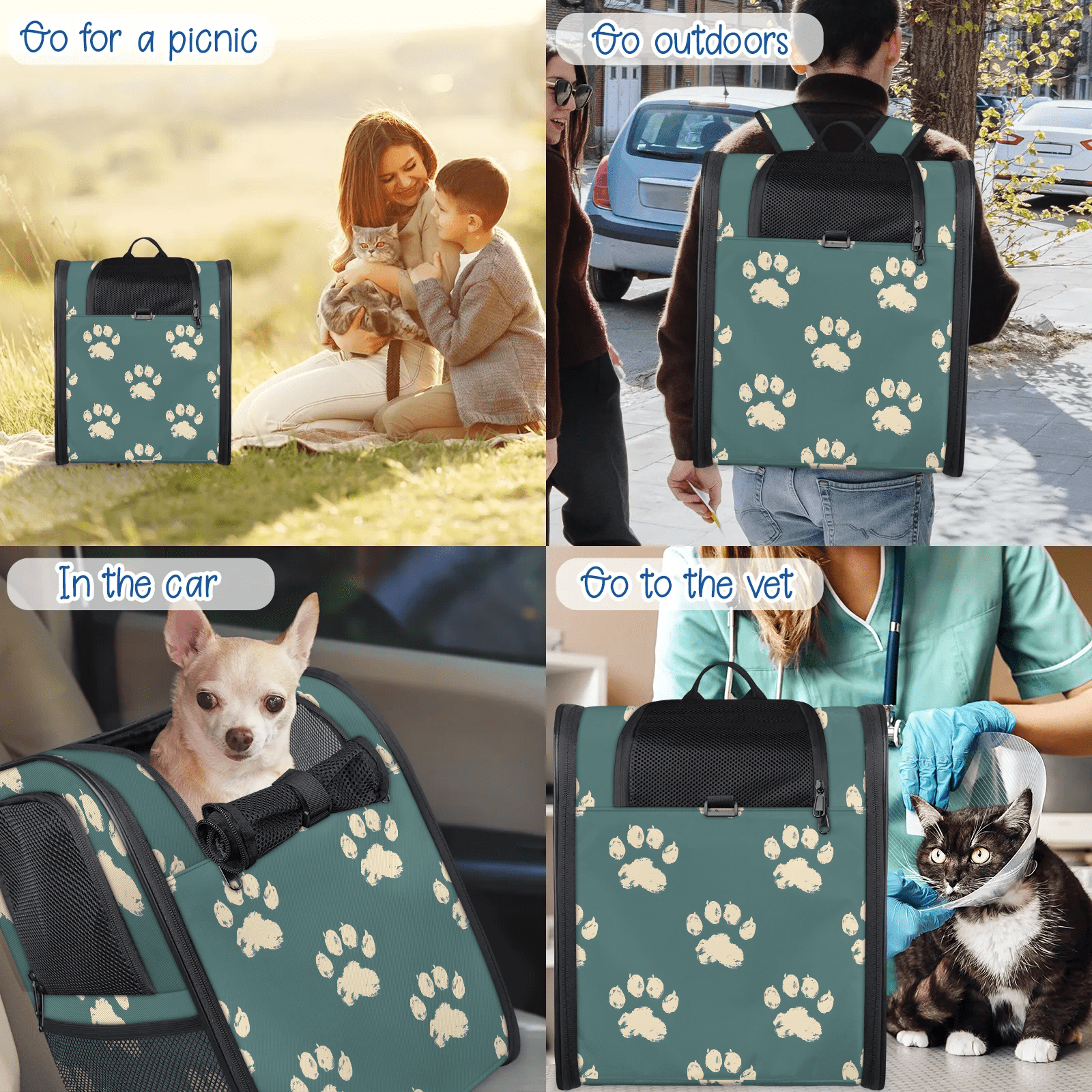 Dog Backpack Carrier, Breathable Pet Carrier for Small Dog & Cat, Lightweight Travel Backpack, Paw Print Pattern