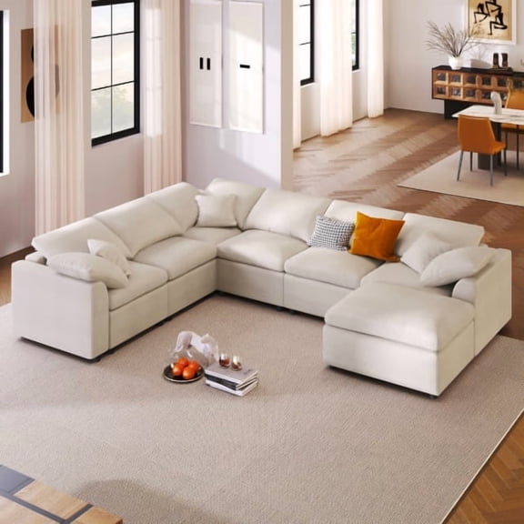 120.8" U_Style Extra Large 7-Seater L-Shape Modular Sectional Sofa with Movable Ottoman, Plush Chenille Fabric, Solid Pine Wood Frame for Living Room and Office, Beige
