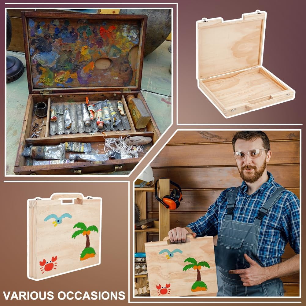 Wood Craft Suitcase 11.9x10.6x1.7 Inch Wooden Suitcase with Handle Rectangle Wood Storage Boxes with Handles Unfinished Wooden Boxes for Crafts Art Hobbies Journey and Souvenir Collection