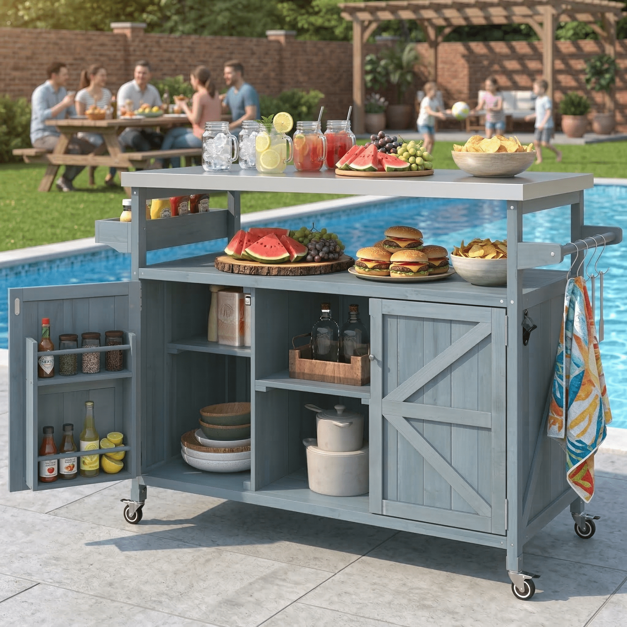 Homy Casa Outdoor Grill Cart with Storage Cabinet, Rolling BBQ Prep Table, Patio Storage Cabinet