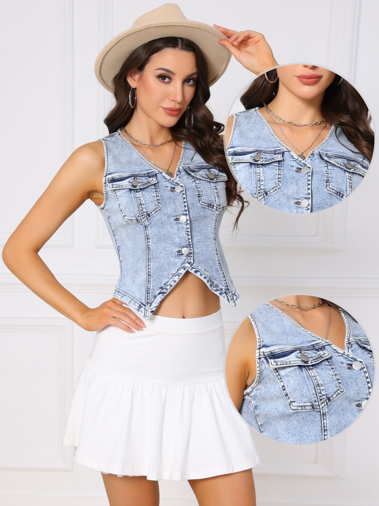 DARING DIVA Women's Sleeveless V Neck Button Down Cropped Denim Vest XS Light Blue