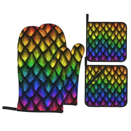 

Oven Mitts and Pot Holders Sets 4 pcs Dragon Scales Non-Slip Oven Gloves Potholders Soft Quilted Lining Heat Resistant Gloves Hot Pads for Kitchen Cooking Baking