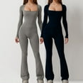 thumbnail image 2 of Kaemgyyd Flare Jumpsuits for Women Long Sleeve Square Neck Bootcut Wide Leg Yoga Workout Bodysuit 2pc Solid Pants Romper, 2 of 5