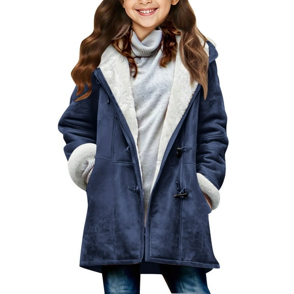 IVEYRTF Childrens Hooded Jacket Winter Faux Fleece Lined Warm Outerwear Kids Coats for Cold Weather Boys Girls Casual Daily Wear Printed Tops(Dark Blue,12 Years)