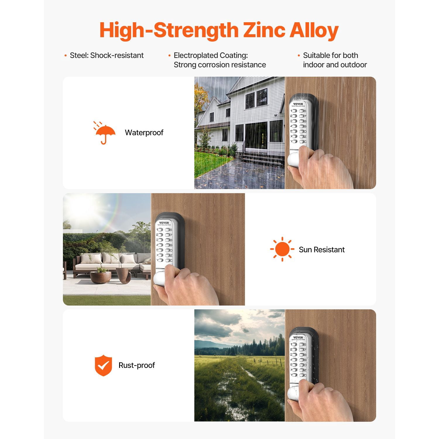 Mechanical Keyless Door Lock, Gen2 with Adjustable Handles, Surface Mount 1.4-2.5 Inch Door Compatibility, Zinc Alloy, No Batteries for Gate Garden Garage