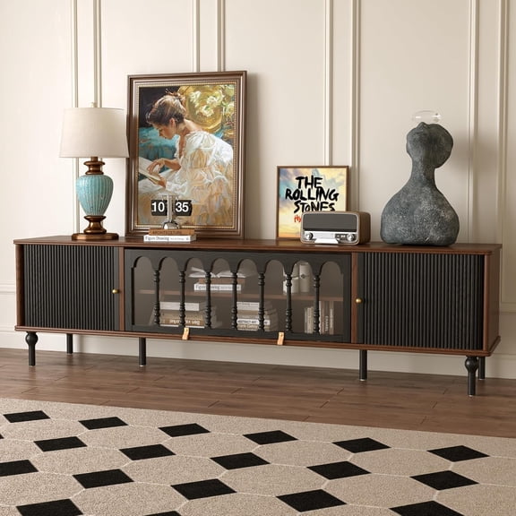 NessCarsti 78.74" Mid Century Modern TV Stand, Solid Wood TV Console, Fits 75–85 Inch TVs, Entertainment Center with Storage, Media Console for Living Room, Bedroom, Walnut Brown & Black
