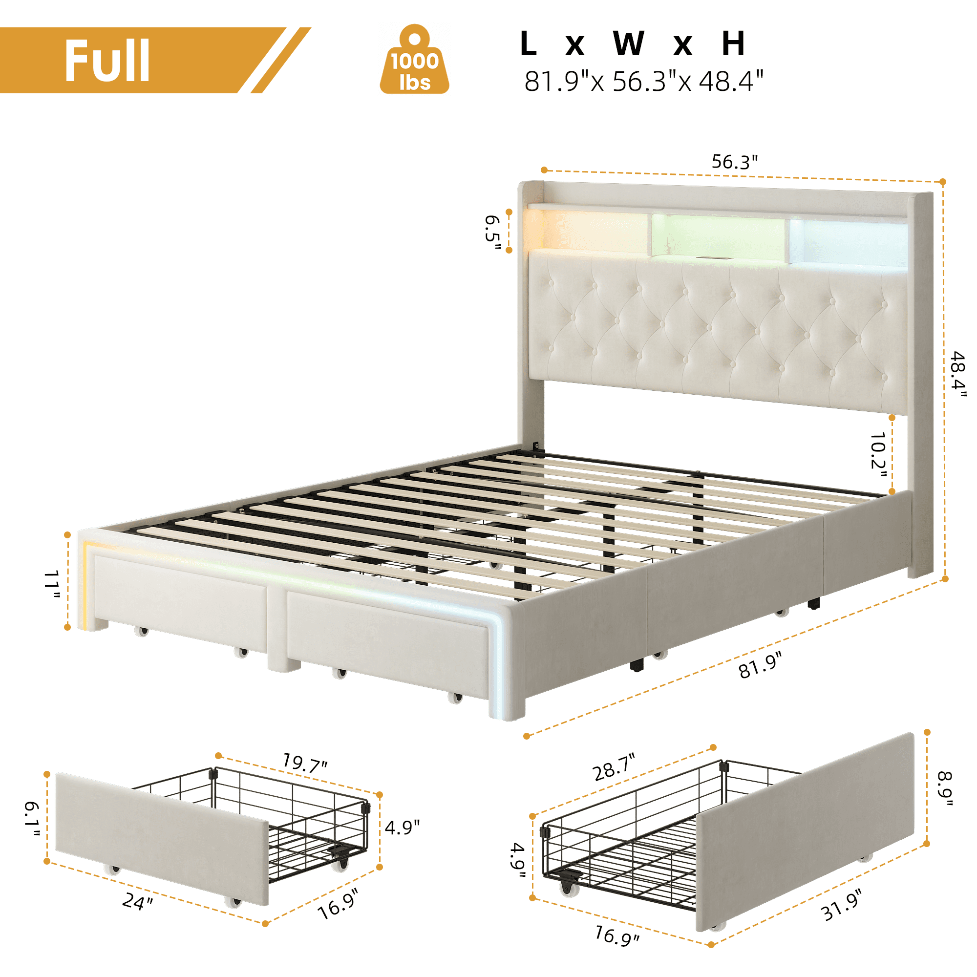 BSHTI FULL Size Beige Velvet Upholstered Platform Bed Frame with LED Storage Headboard, Charging Station, Underbed Drawers, Tufted Design, No Box Spring Needed, Modern Bedroom Furniture (Beige)