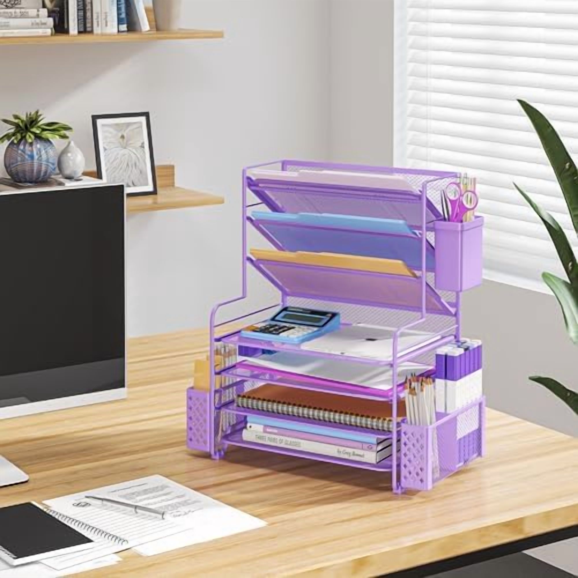 7 Tier Desk File Organizer, Letter Tray Paper Organizer with Pen Holder and Metal Hanging Basket, Purple
