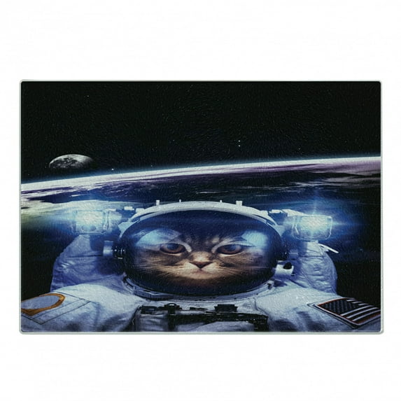 Cat Cutting Board, Funny Astronaut Cat Above Earth in Outer Space Explorer Kitty Mission Humor Art Image, Decorative Tempered Glass Cutting and Serving Board, Small Size, Blue White, by Ambesonne