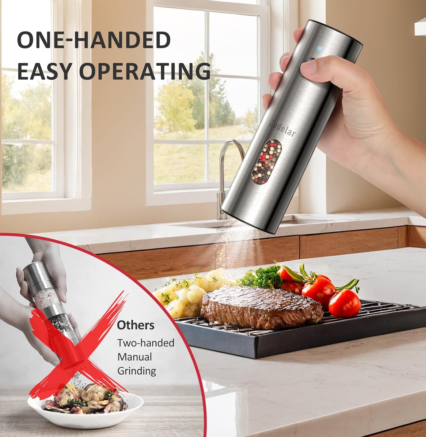 Salt and Pepper Grinder Set Stainless Steel with USB C Dual Charging Base