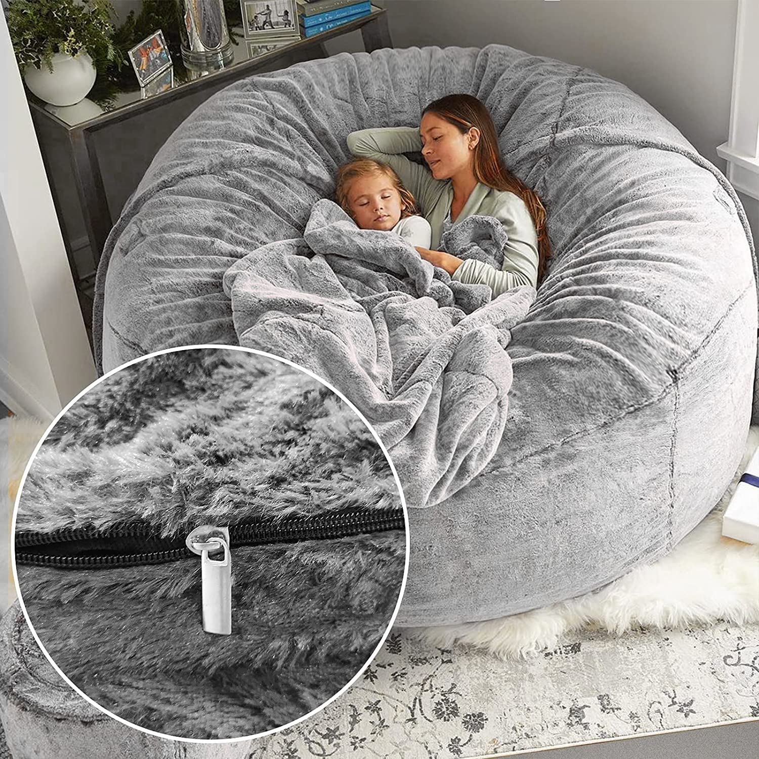 Shanna Bean Bag Chair Cover Big Round Soft Fluffy Velvet Lazy Sofa Bed Cover (Cover Only,No Filler),5ft, White, Size: 5ft /59x29.5 in, Gray